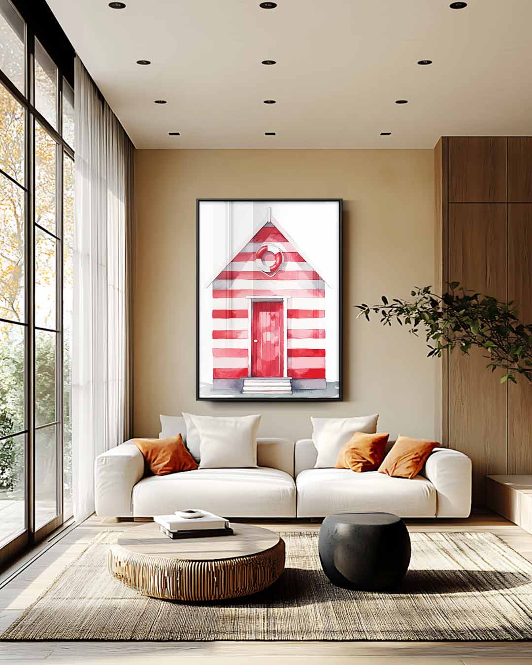 Strandhuisje in Streepjeskleuren Kunstwerk-canvas-dibond-plexiglas-wanddecoratie-WallArtistic
