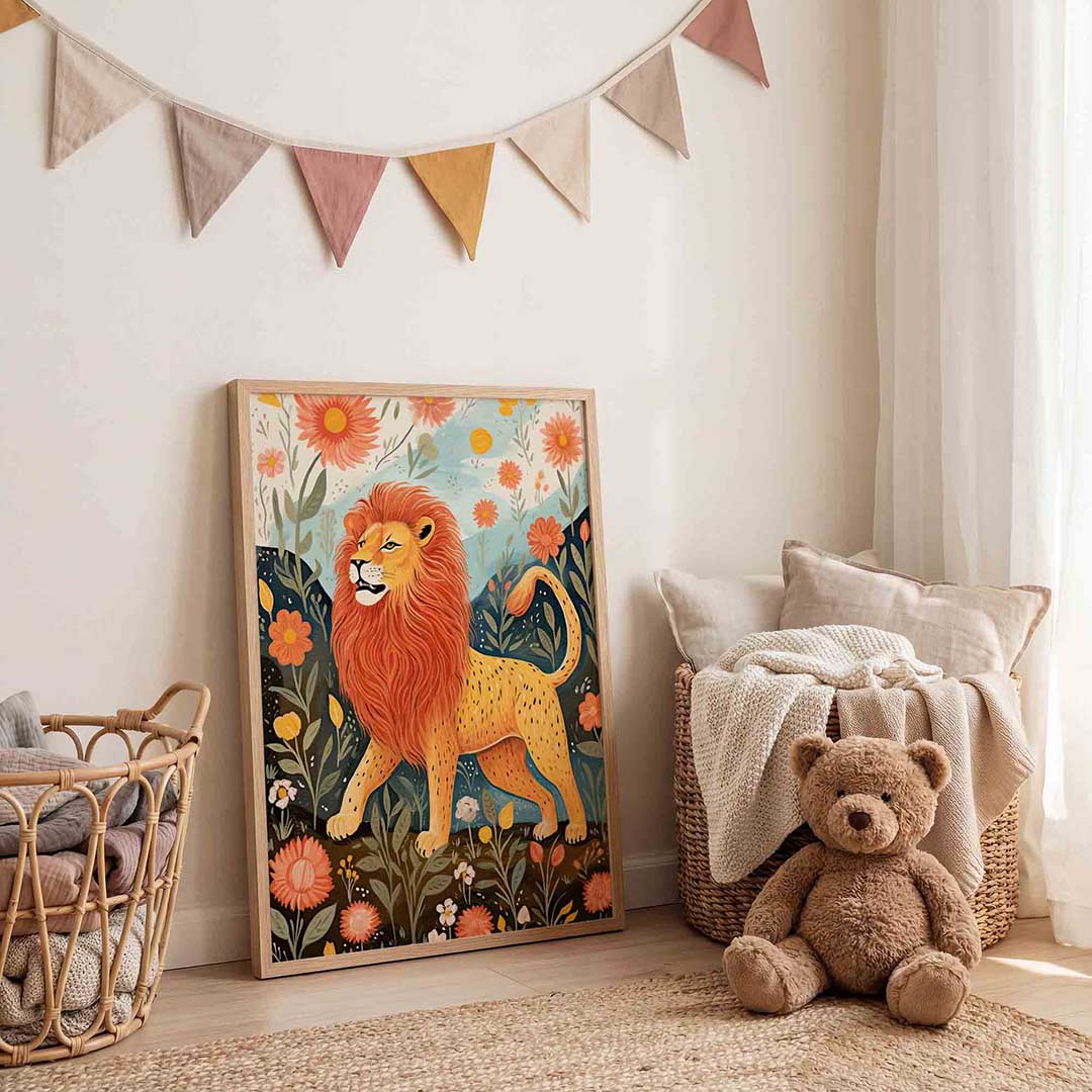 Leeuw tussen bloemen Poster