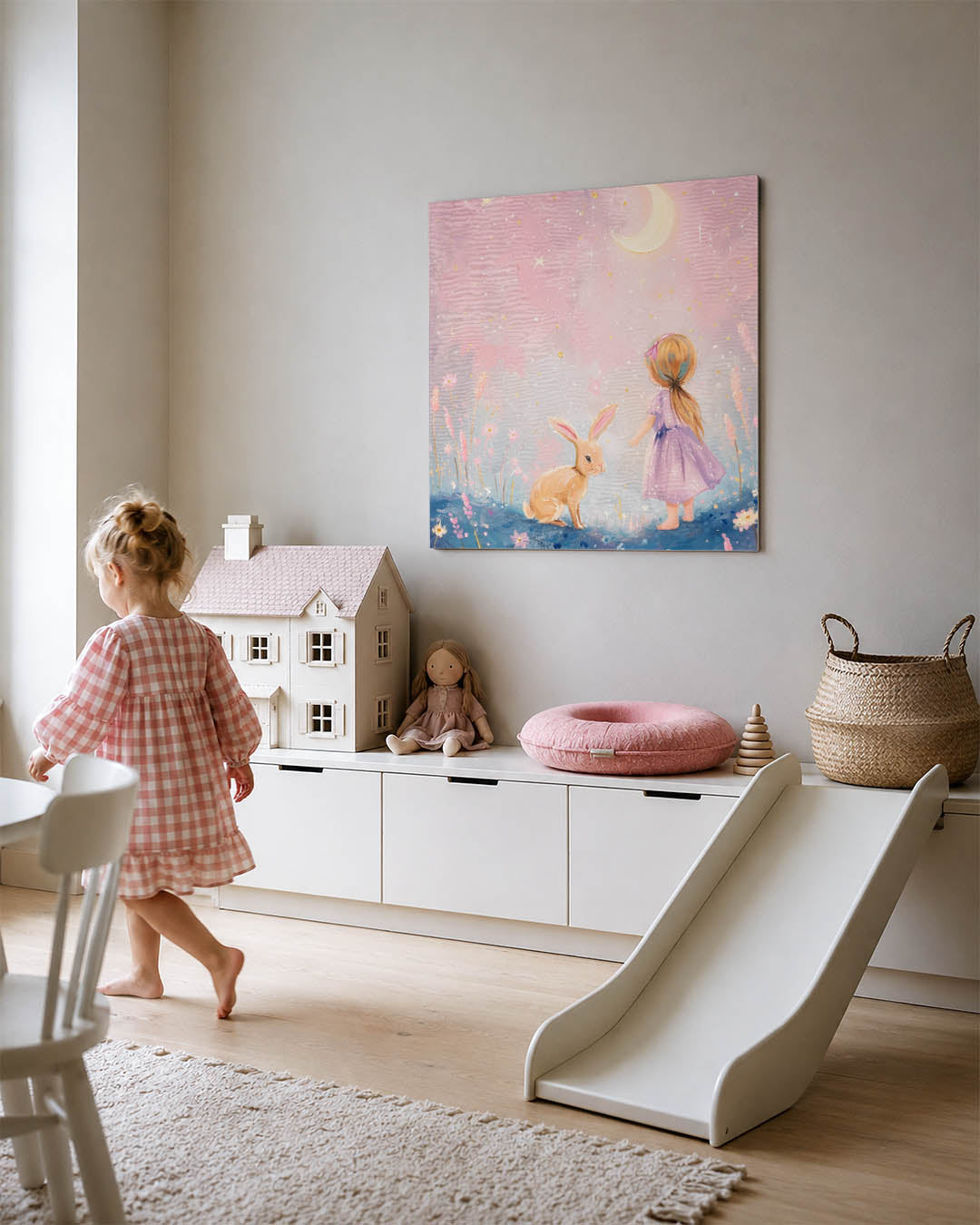 Dromerig kind en konijn Kunstwerk