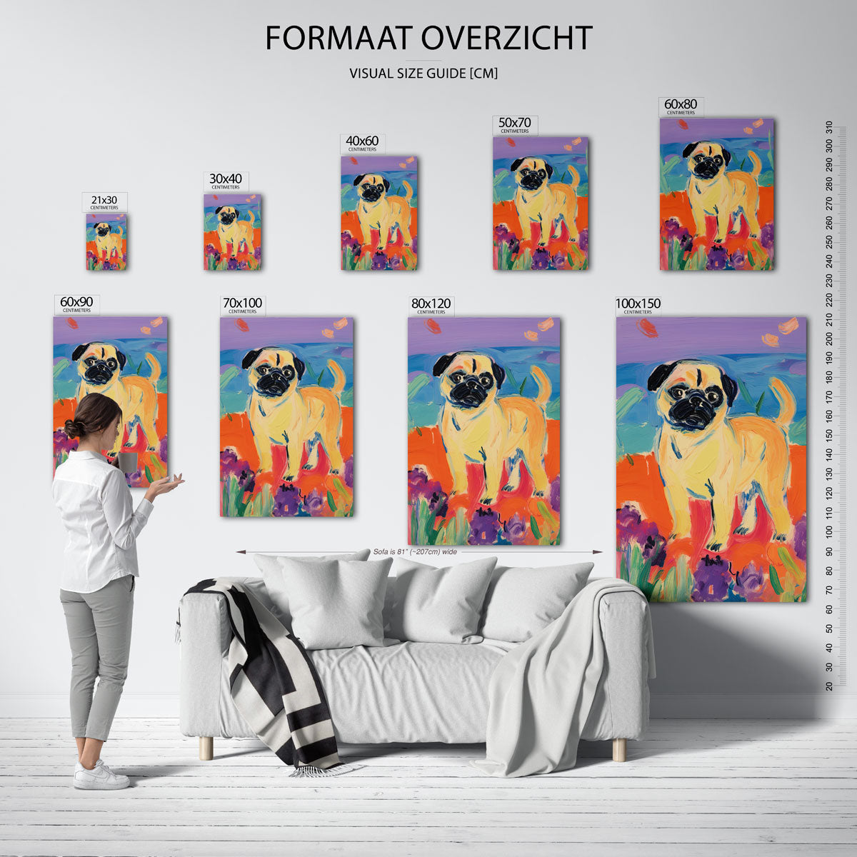 Mopshond in kleurrijk landschap Poster