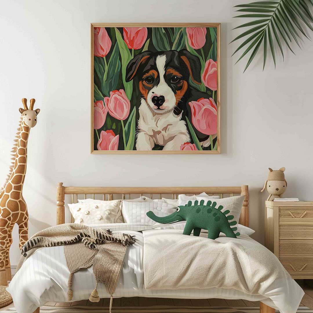 Hond tussen tulpen Poster