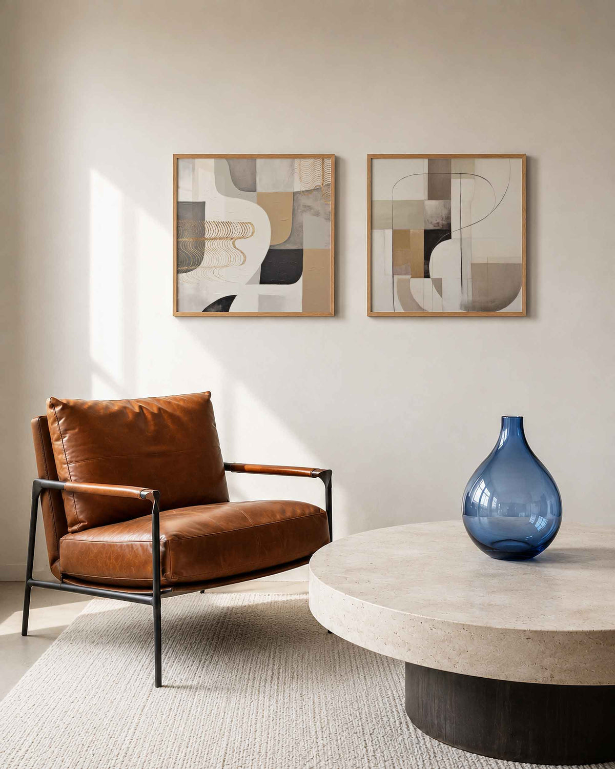 Interieurpresentatie van een tweedelige vierkante posterset met geometrische lijnen