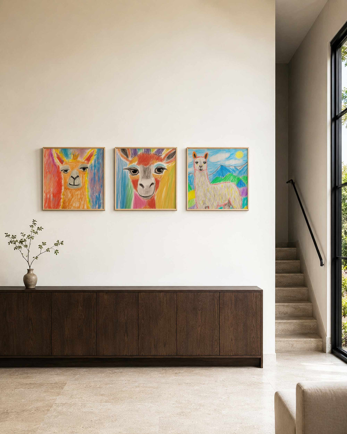 Interieurpresentatie van een driedelige vierkante posterset met kleurrijke dieren