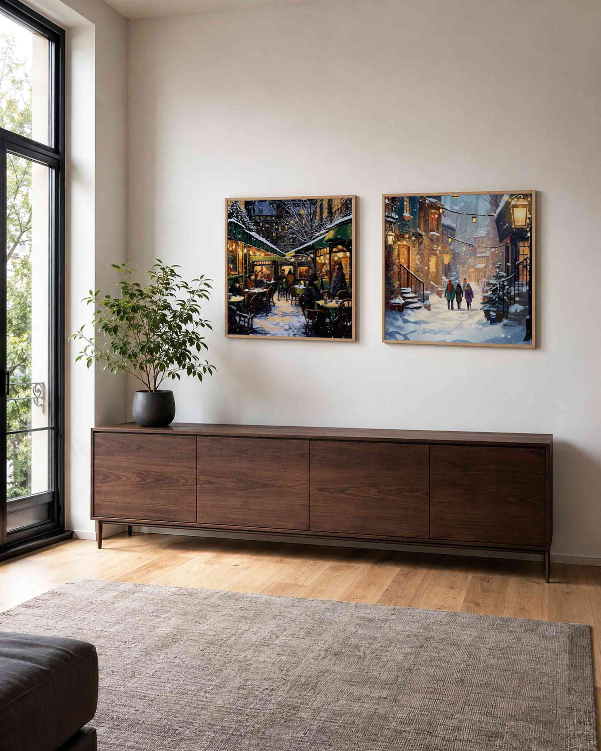 Interieurpresentatie van een tweedelige vierkante posterset met besneeuwde straatjes