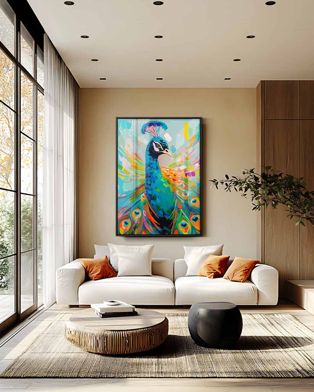 Kleurrijke Pauwportret Kunstwerk-canvas-dibond-plexiglas-wanddecoratie-WallArtistic