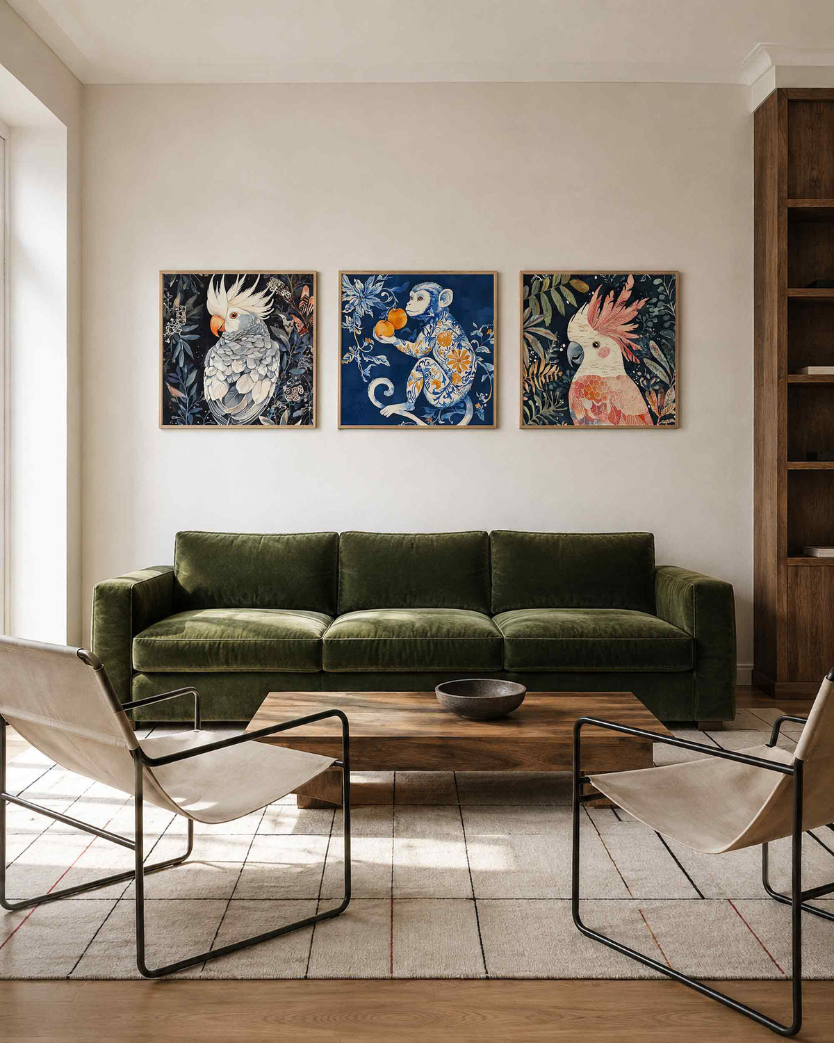 Interieurpresentatie van een driedelige vierkante posterset met papegaaien en aap