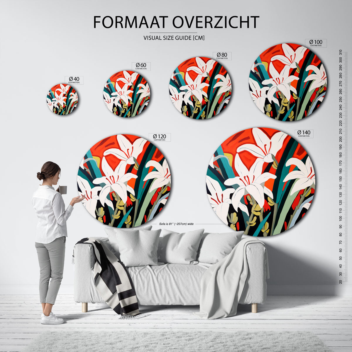 Witte bloemen op rode achtergrond Muurcirkel
