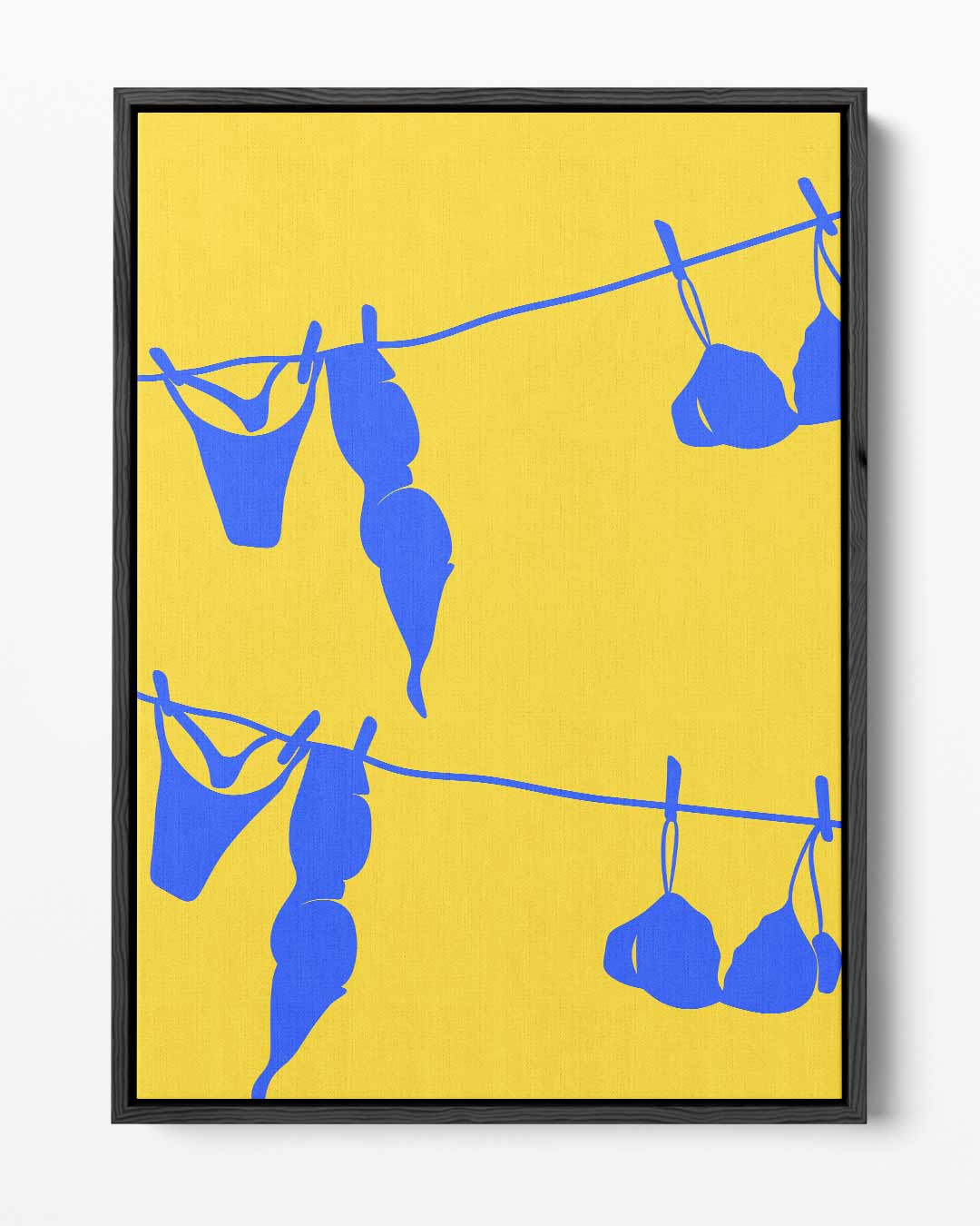 Blauw Wasgoed op Gele Draad Kunstwerk-canvas-dibond-plexiglas-wanddecoratie-WallArtistic