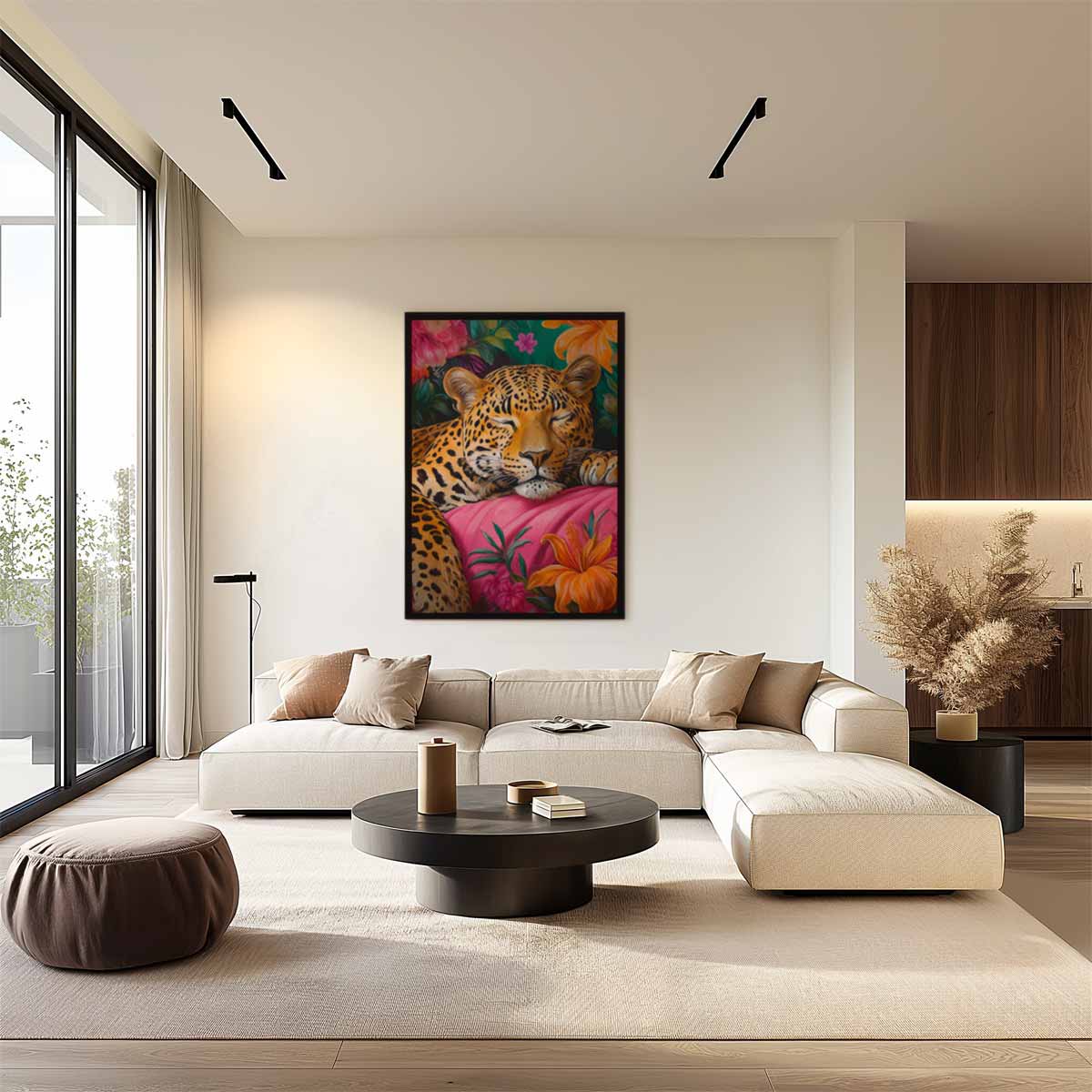Dromerige Luipaard in Bloemenrijk Kunstwerk-canvas-dibond-plexiglas-wanddecoratie-WallArtistic