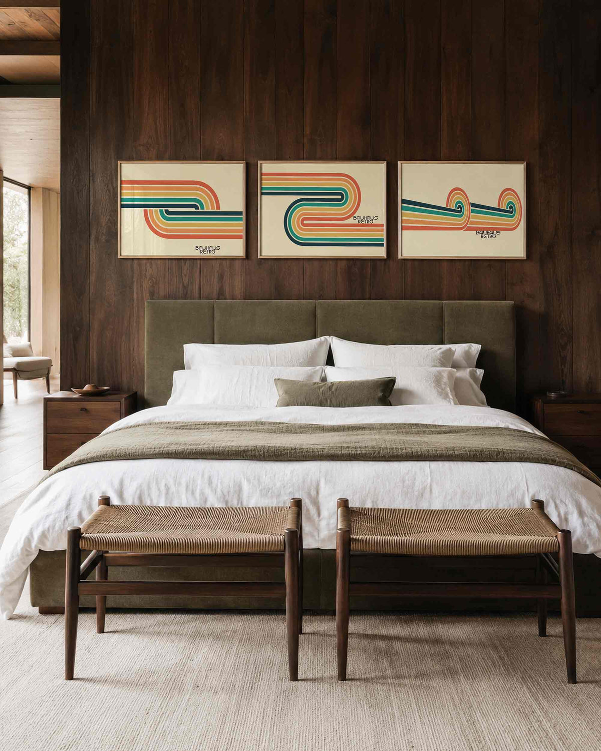 Interieurmockup van drieluik landscape-posterset met golvende kleurenbanen