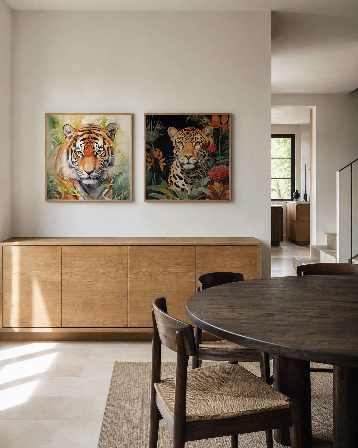 Interieurpresentatie van een tweedelige vierkante posterset met tijger en panter