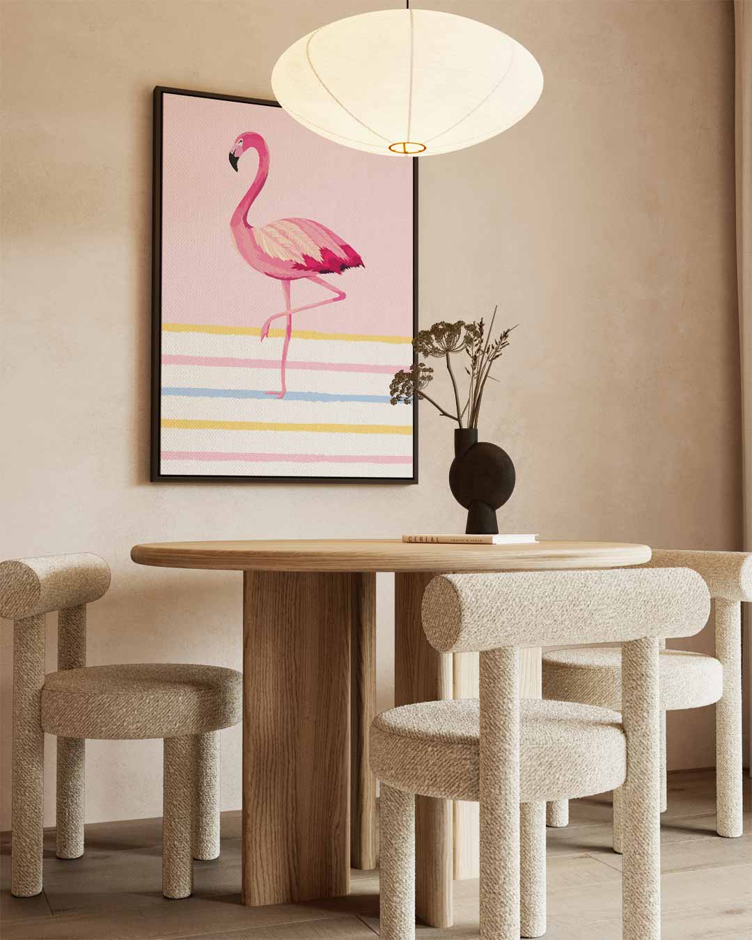 Stijlvolle Flamingo op Strepen Kunstwerk-canvas-dibond-plexiglas-wanddecoratie-WallArtistic