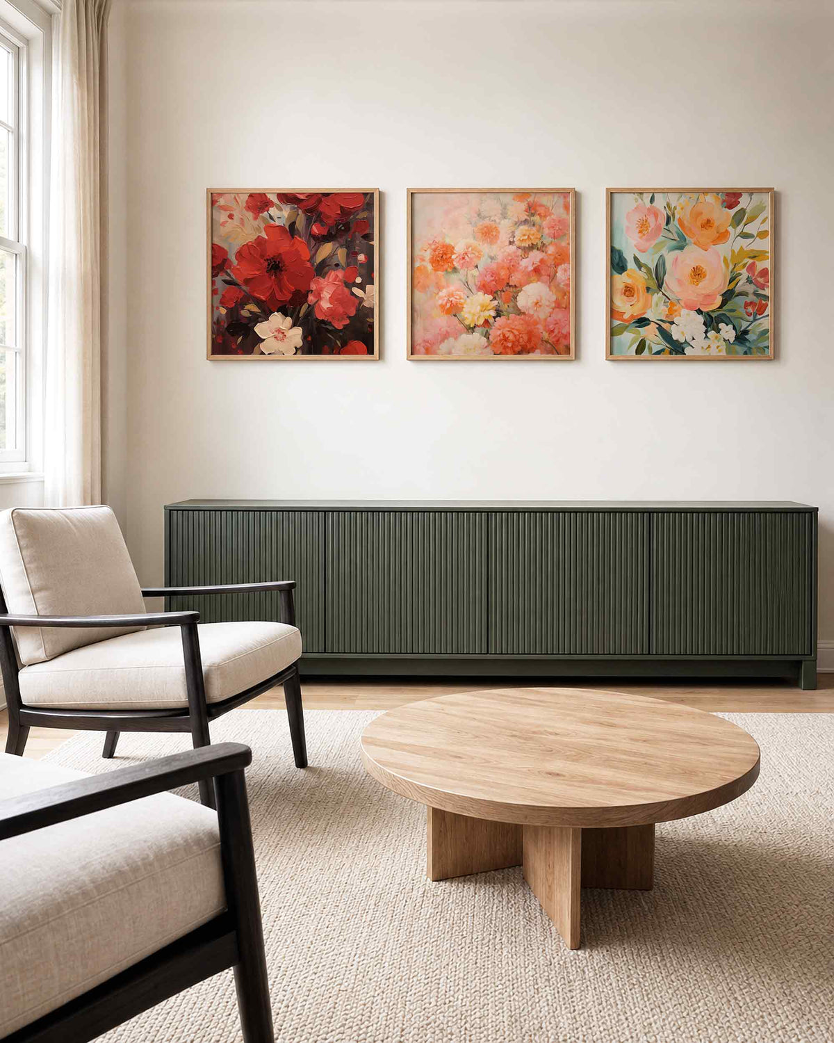 Interieurpresentatie van een driedelige vierkante posterset met kleurrijke bloemen