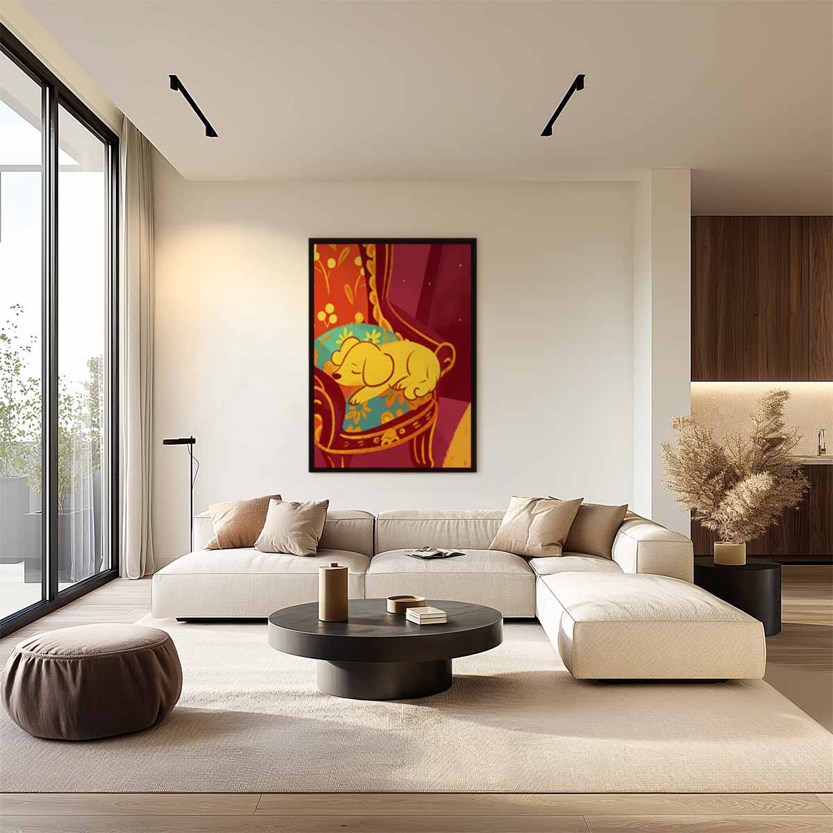 Slapende Puppy op Bloemenstoel Kunstwerk-canvas-dibond-plexiglas-wanddecoratie-WallArtistic