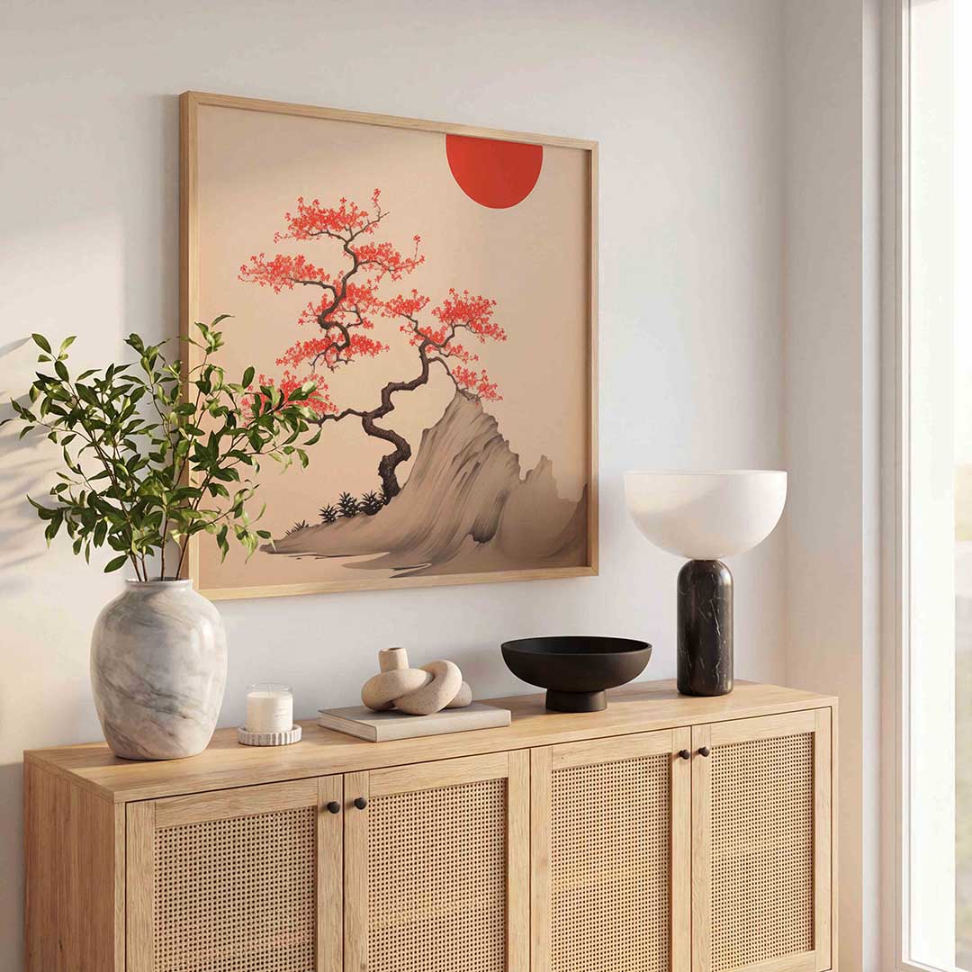 Bloeiende boom en rode zon Poster