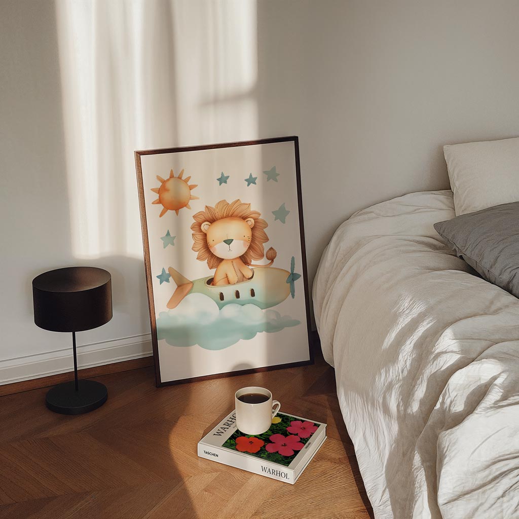 Dromerige Leeuw in het Vliegtuig Poster-WallArtistic