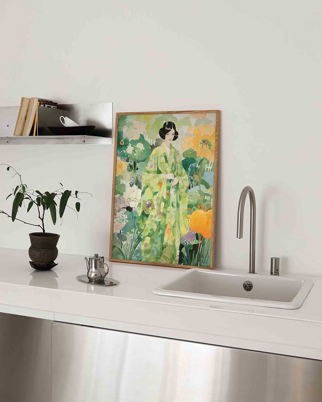 Vrouw in groene kimono Poster
