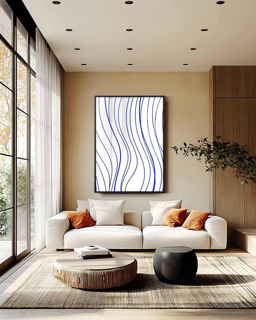 Golvende Blauwe Strepen Kunstwerk-canvas-dibond-plexiglas-wanddecoratie-WallArtistic