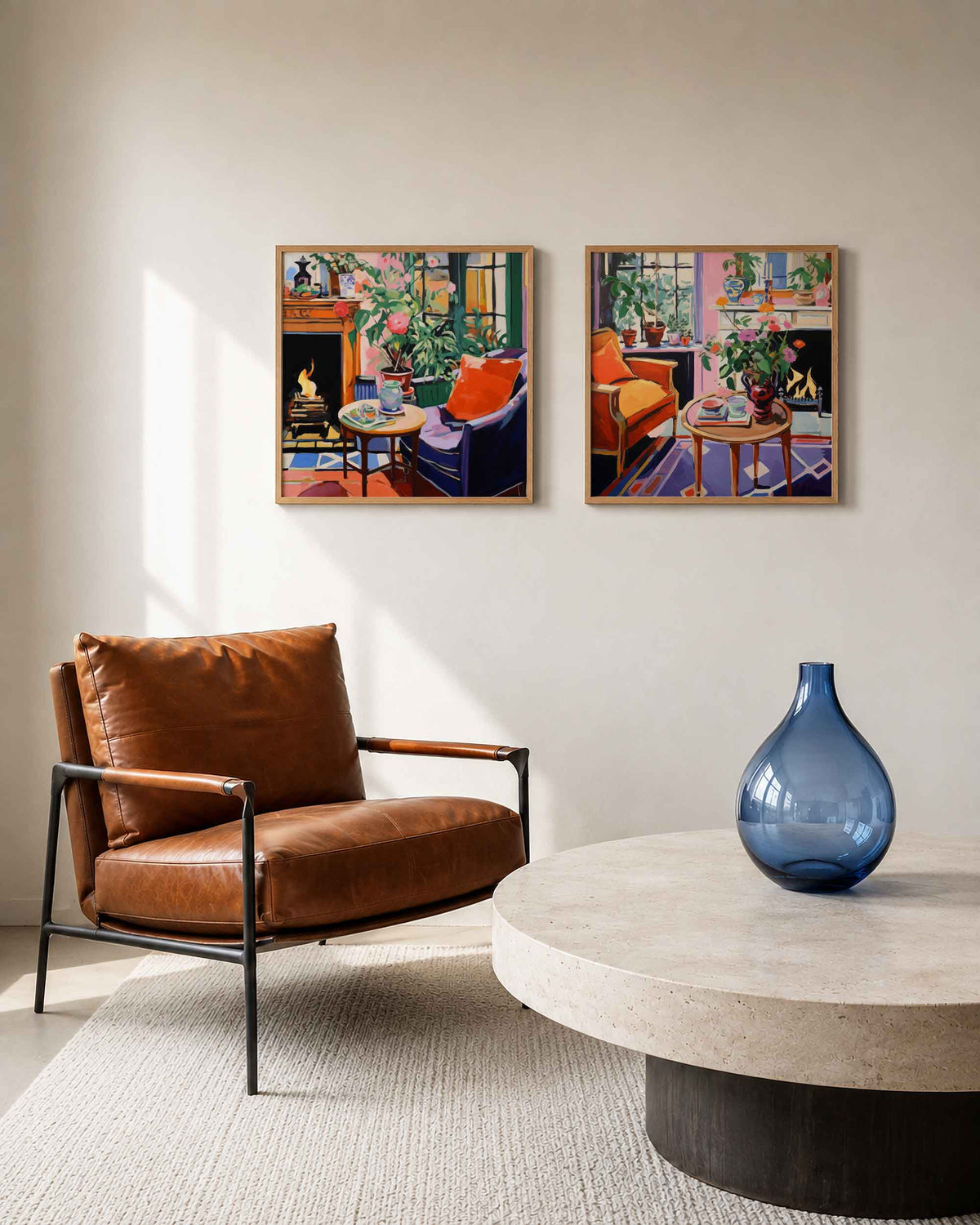 Interieurpresentatie van een tweedelige vierkante posterset met bloemen en haard