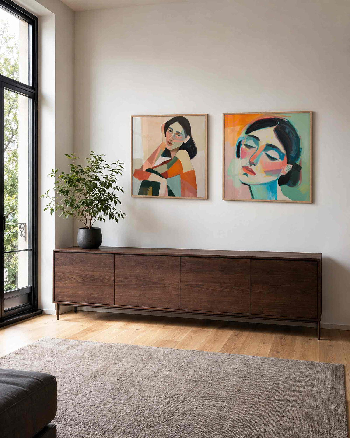 Interieurpresentatie van een tweedelige vierkante posterset met twee geschilderde vrouwen