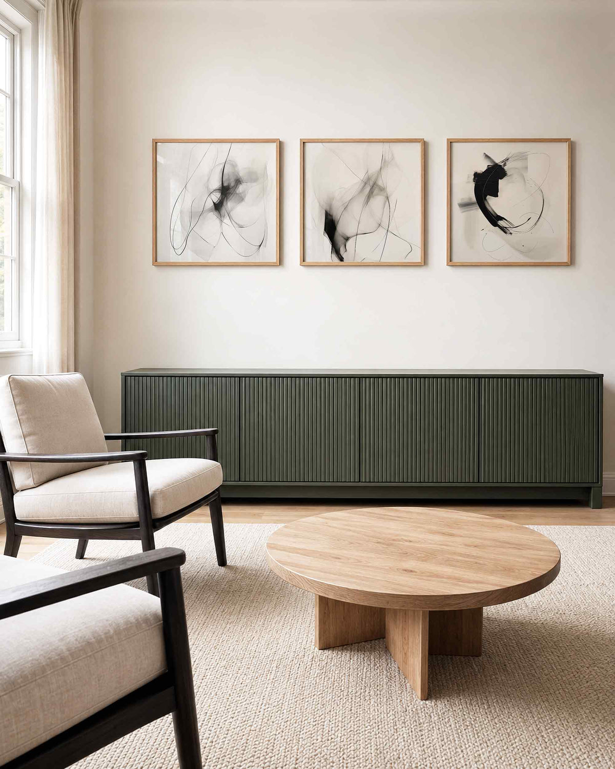 Interieurpresentatie van een driedelige vierkante posterset met abstracte zwart wit