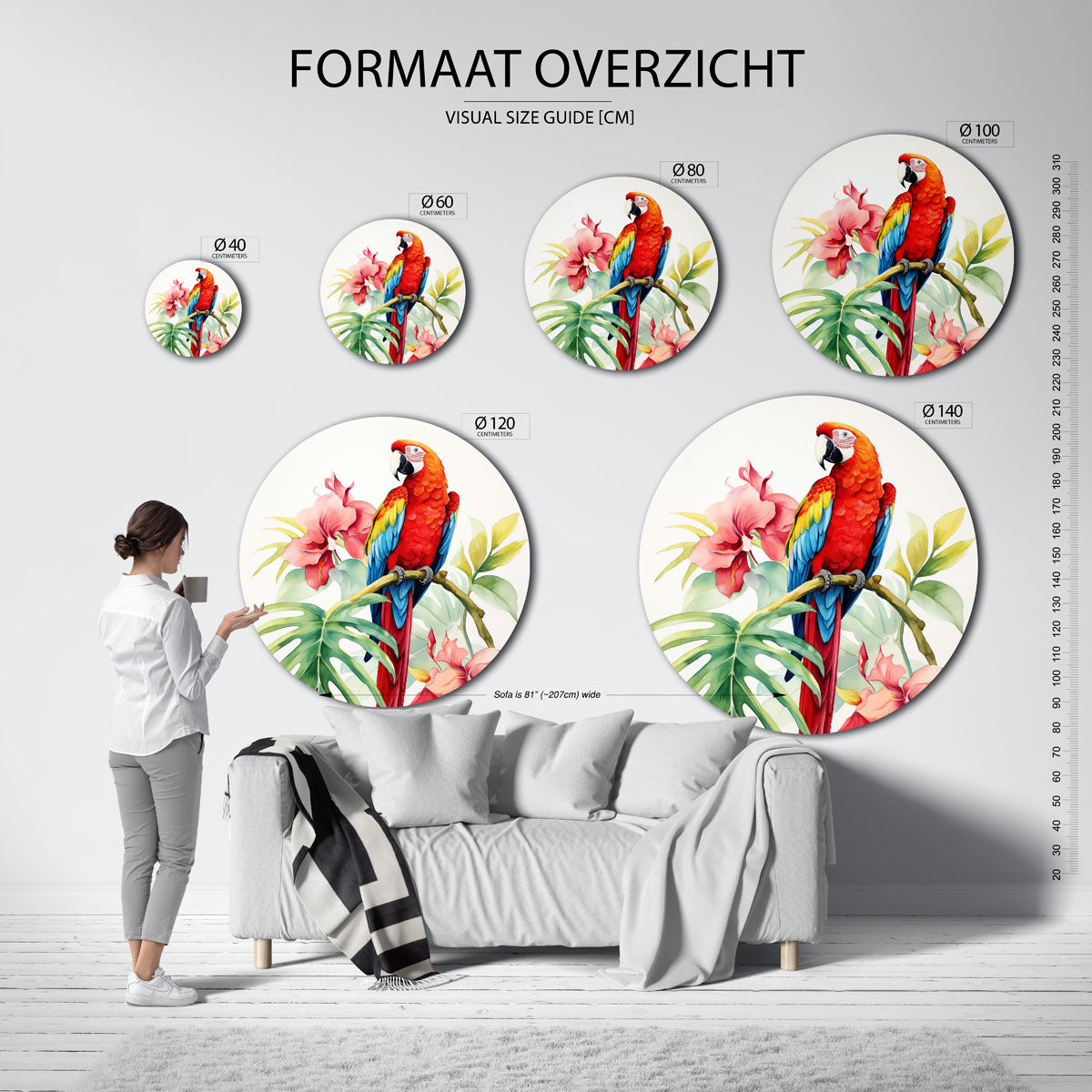 Papegaai en bloemen Muurcirkel