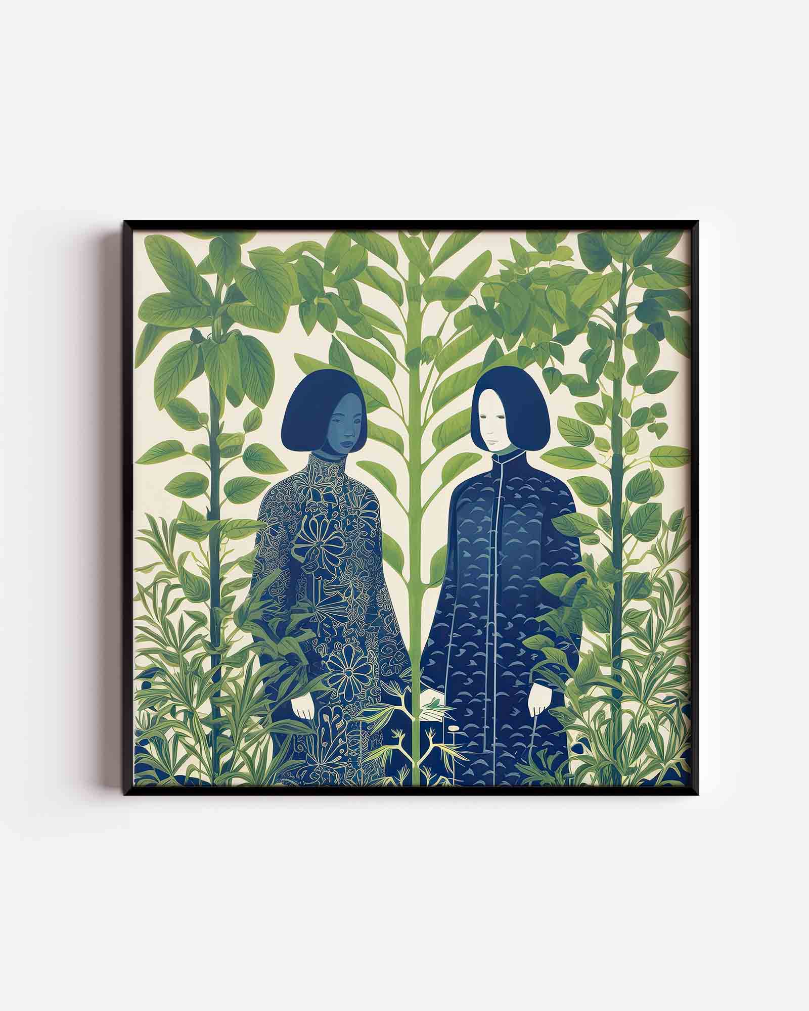 Twee figuren tussen groene planten Poster