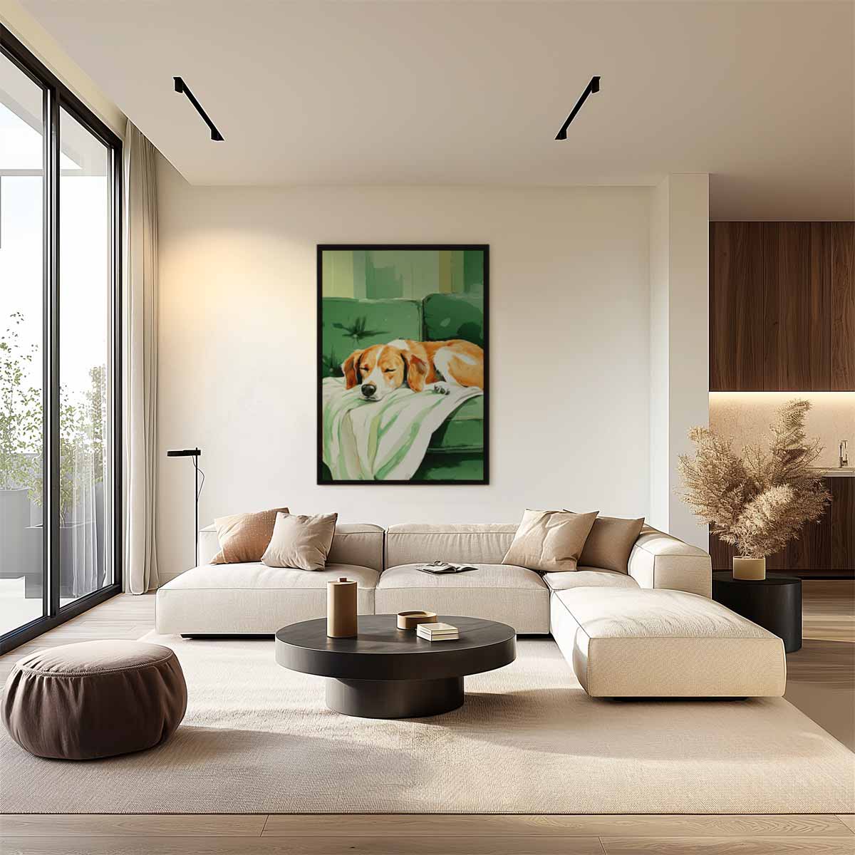 Snoezige Hond op Groen Bankje Kunstwerk-canvas-dibond-plexiglas-wanddecoratie-WallArtistic