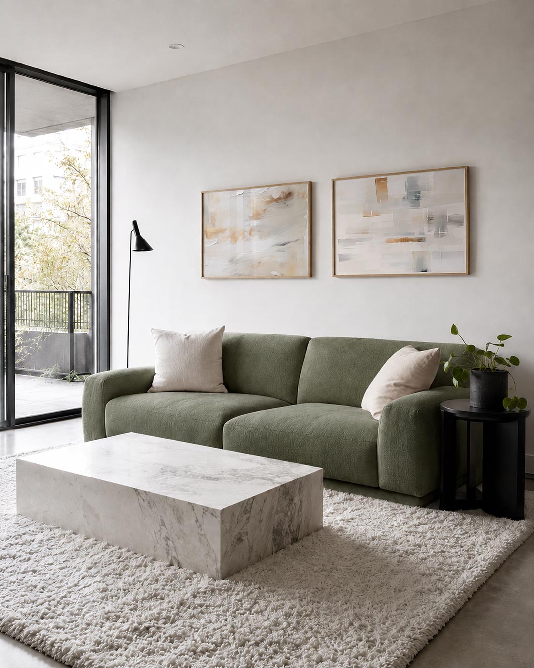 Twee liggende posters met een vloeiende mengeling van zachte beige en witte tinten, aan de muur in een interieur