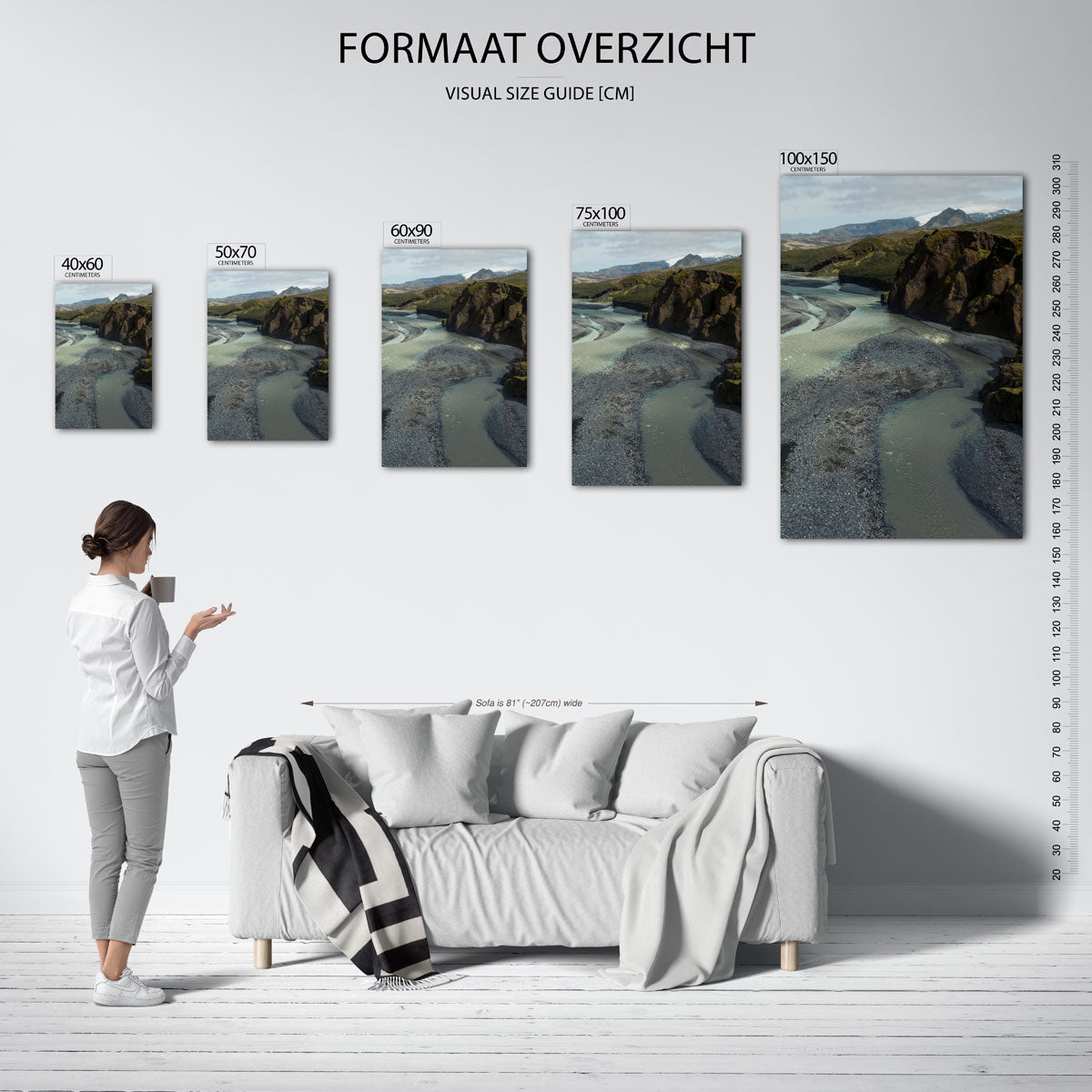 Rivierlandschap met bergen Kunstwerk