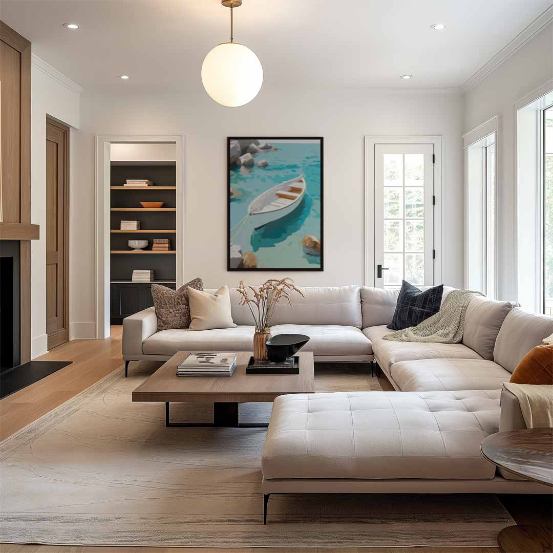 Rustgevend Bootje op Helder Blauw Water Kunstwerk-canvas-dibond-plexiglas-wanddecoratie-WallArtistic