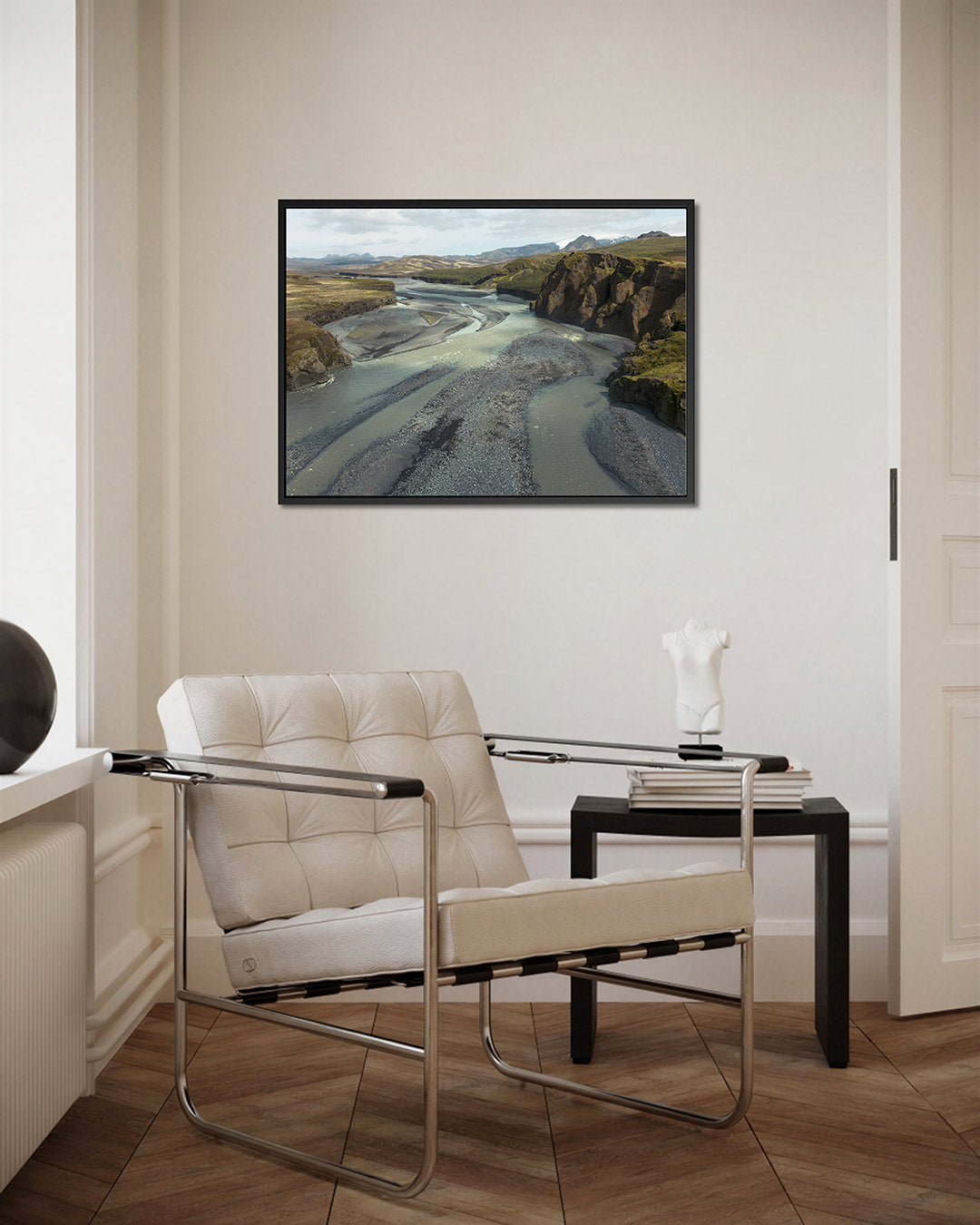 Rivierlandschap met bergen Kunstwerk