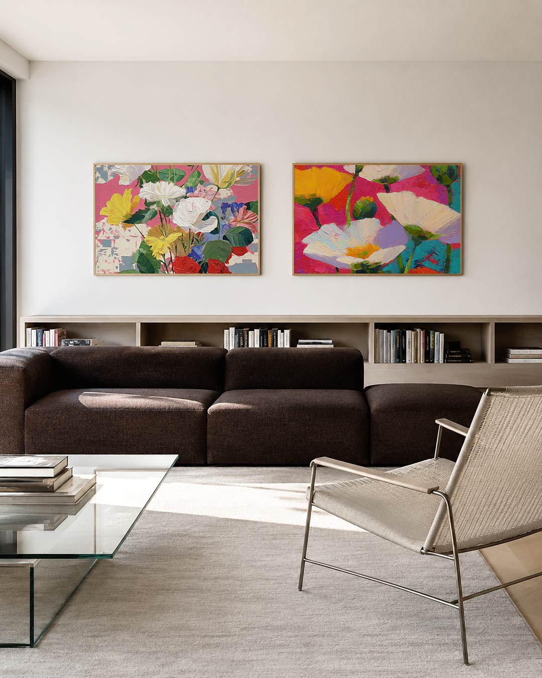Twee liggende posters met een levendige verzameling bloemen tegen een roze achtergrond, aan de muur in een interieur