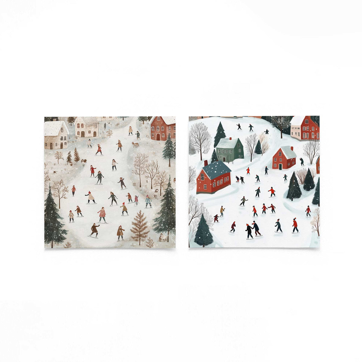 Twee vierkante posters met schaatsers in sneeuwdorp op een gebroken witte achtergrond