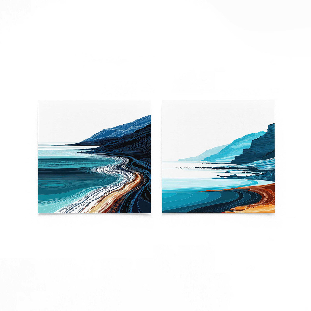 Twee vierkante posters met kustlandschap op een gebroken witte achtergrond