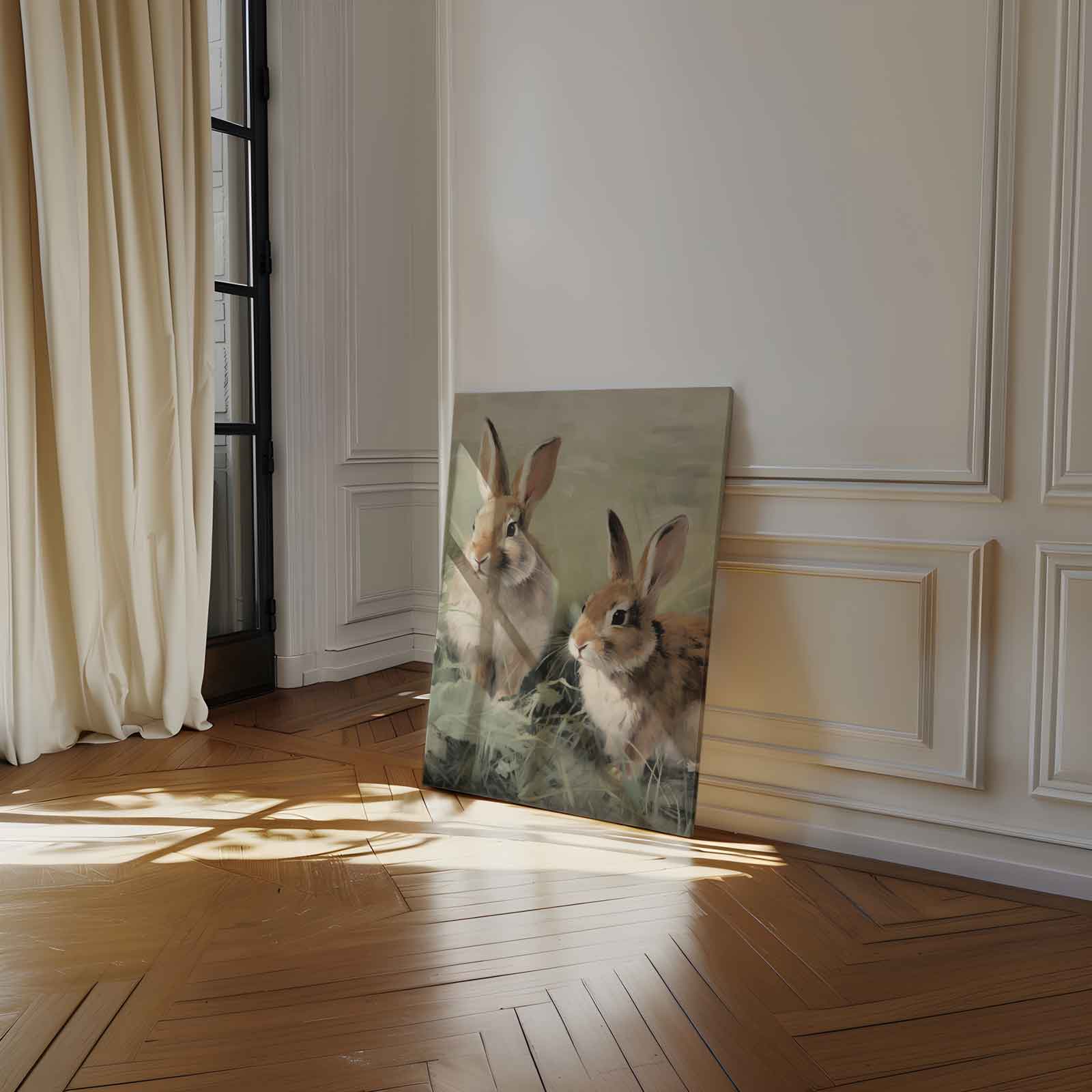 Speelse Konijntjes in de Weide Kunstwerk-canvas-dibond-plexiglas-wanddecoratie-WallArtistic