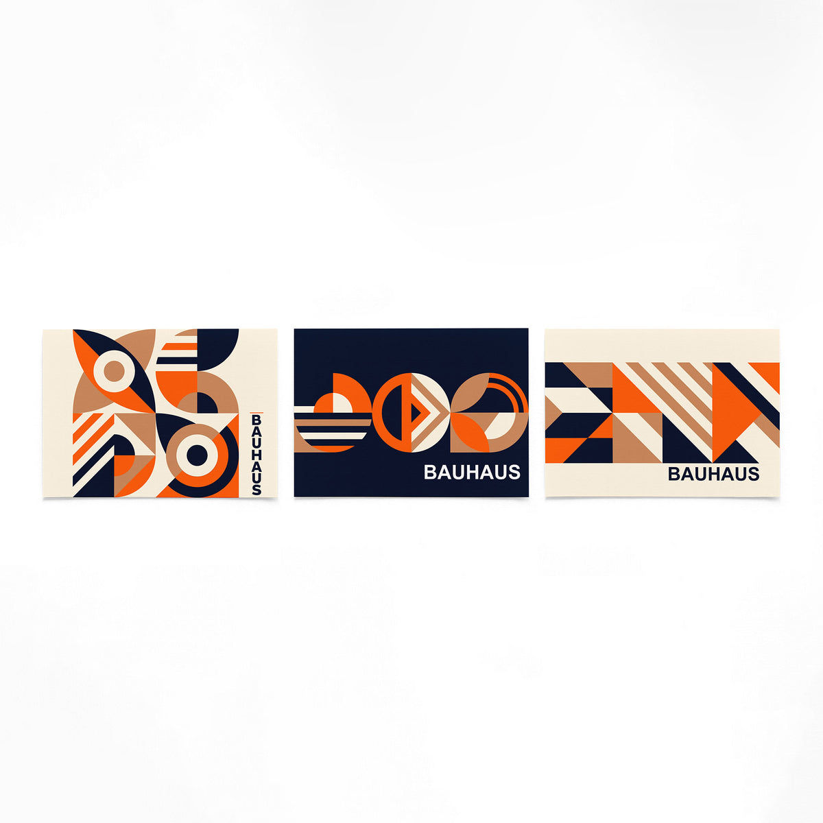 Drie landscape posters met cirkelbogen en diagonalen als vrijstaande productfoto