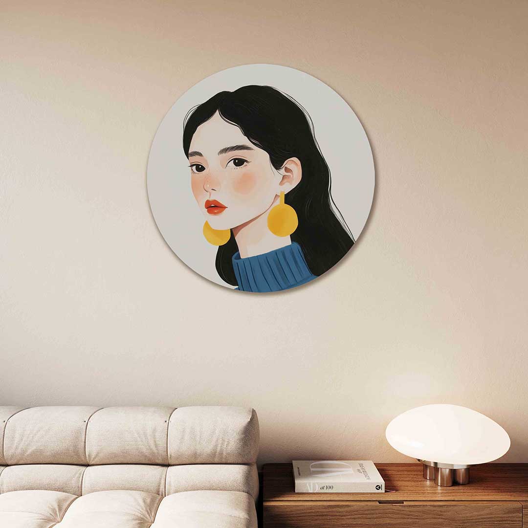 Portret met gele oorbellen Muurcirkel