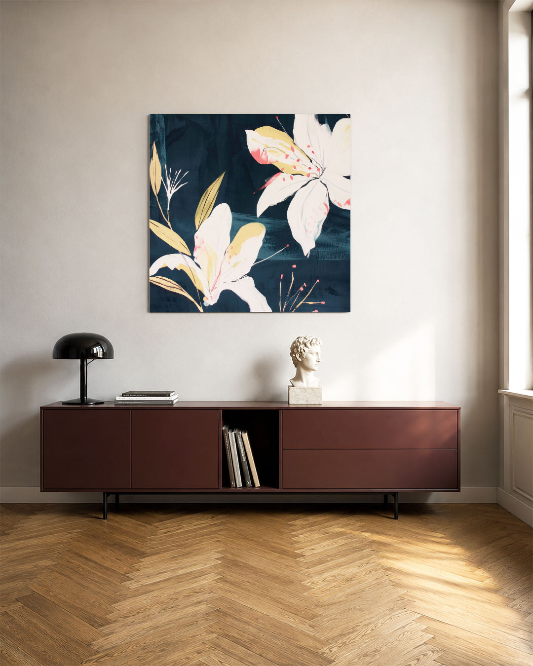 Bloemmotief op donkerblauw Kunstwerk