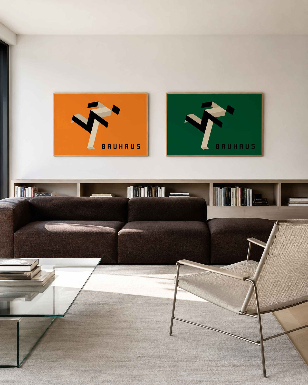Interieurmockup van tweedelige landscape-posterset met zigzaggende lintvormen