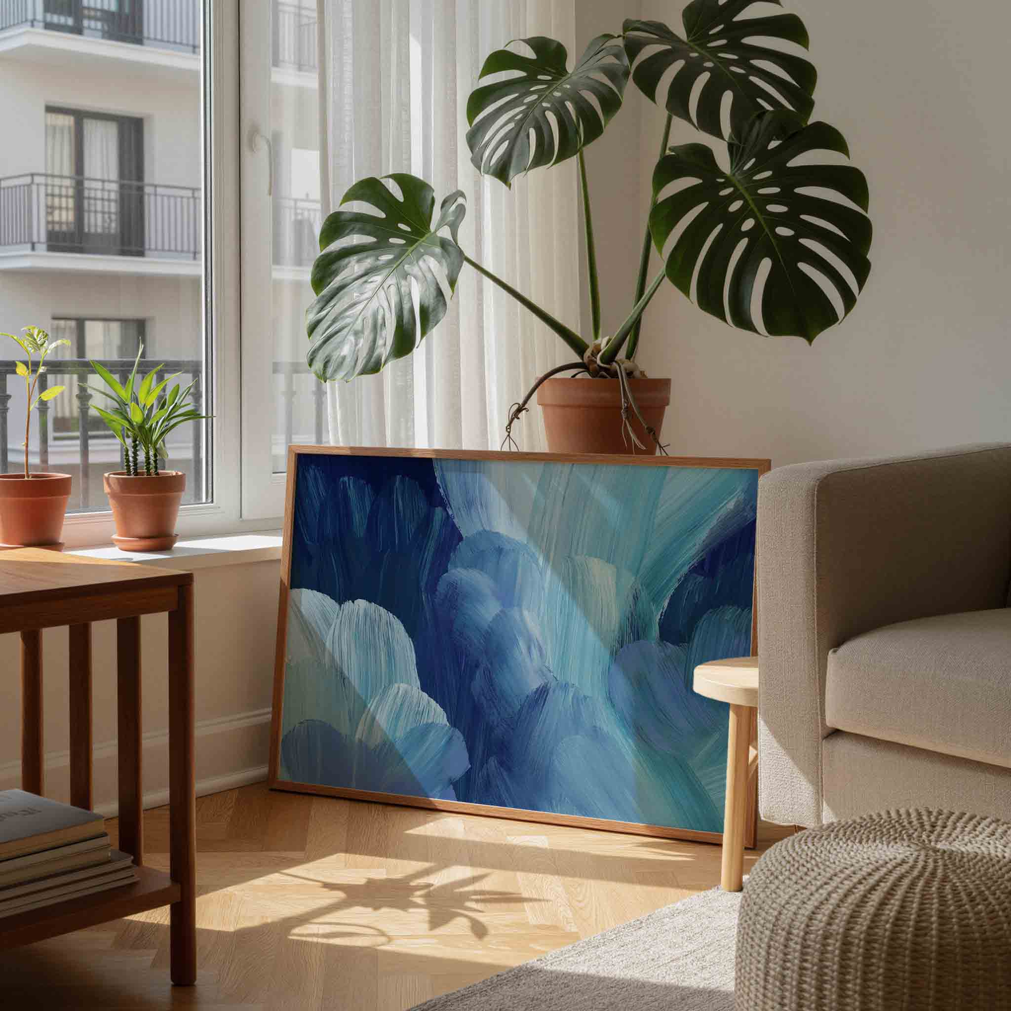 Blauwe penseelstreken Poster