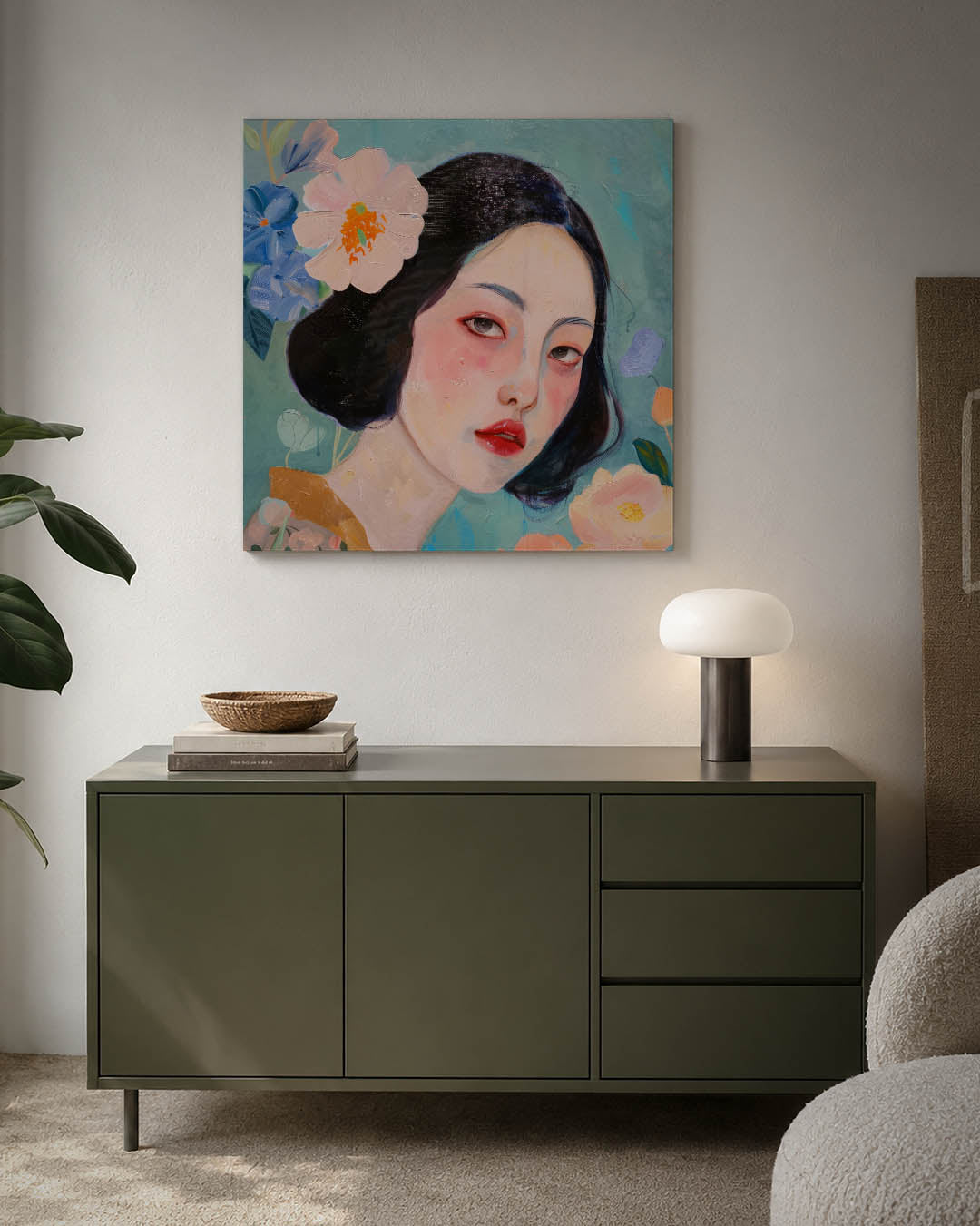Vrouwelijk portret bloemen Kunstwerk