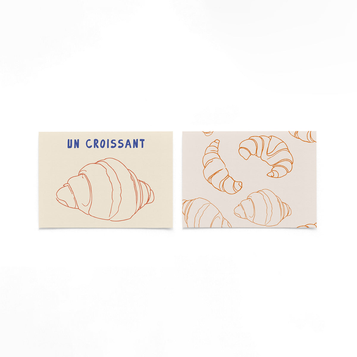 Twee liggende posters met een oranje lijntekening van een croissant en de blauwe tekst ‘UN op een gebroken witte achtergrond