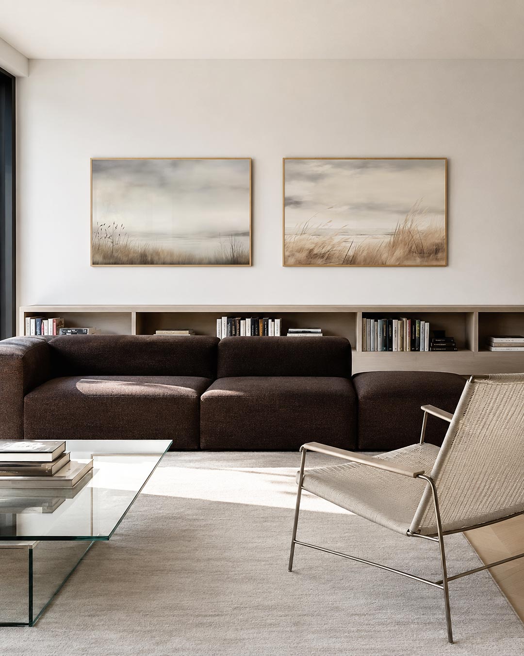 Twee liggende posters met een rustige, mistige horizon met zachte, vervagende kleuren, aan de muur in een interieur
