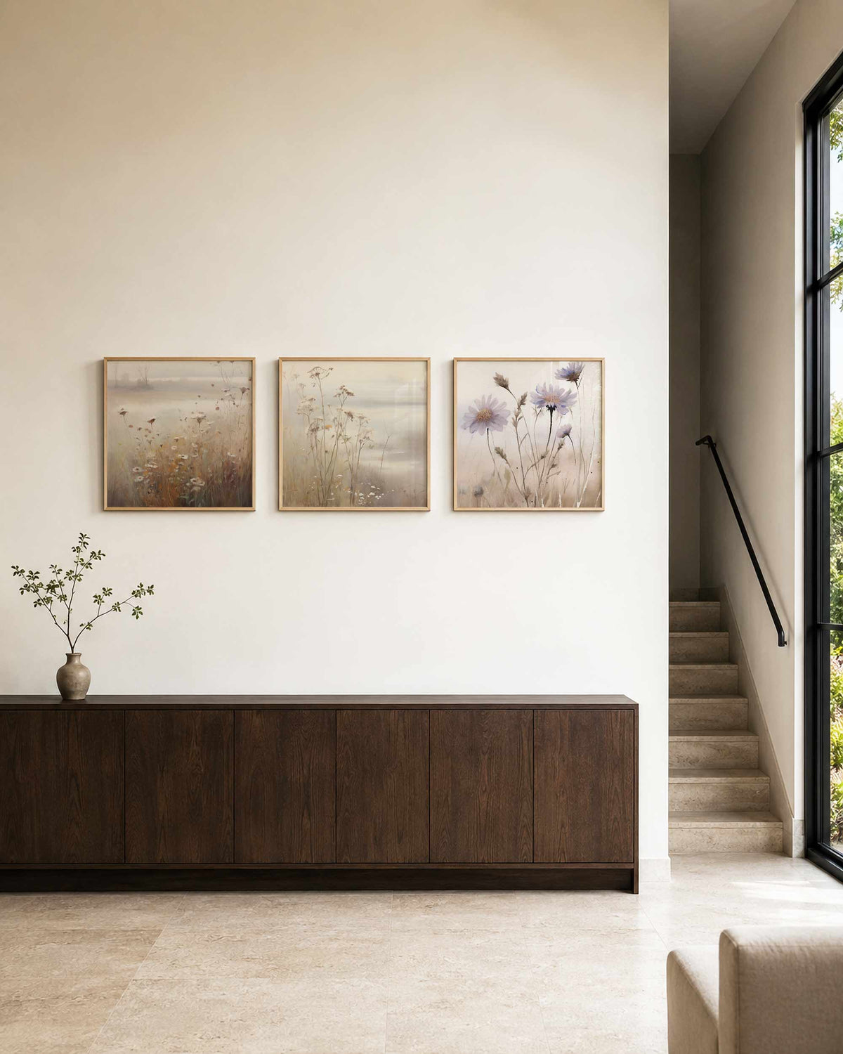 Interieurpresentatie van een driedelige vierkante posterset met wilde bloemen