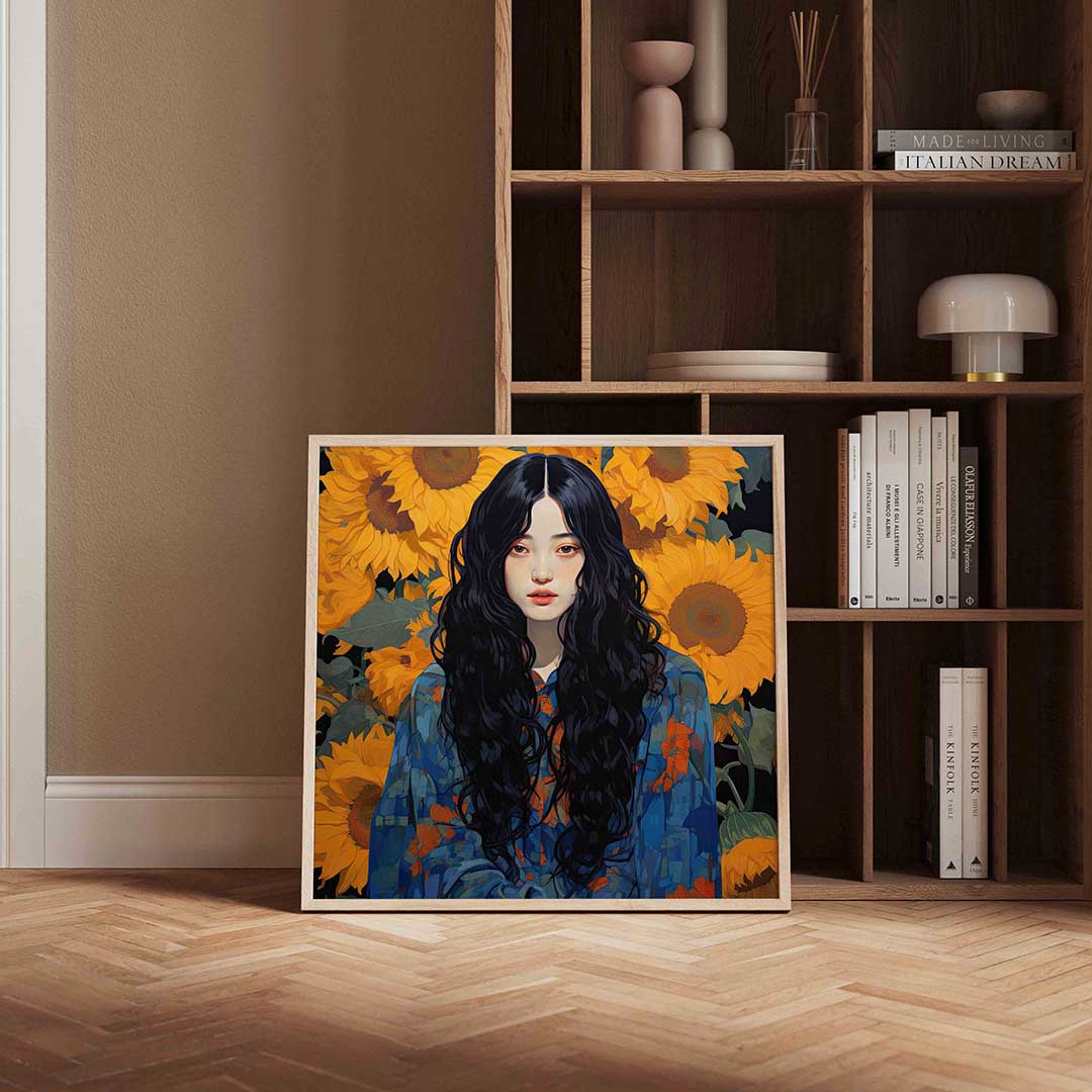 Vrouw met zonnebloemen Poster