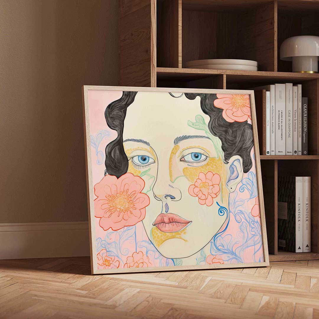 Bloemen en gezicht Poster