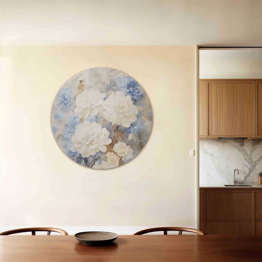 Bloemen in blauw en beige Muurcirkel