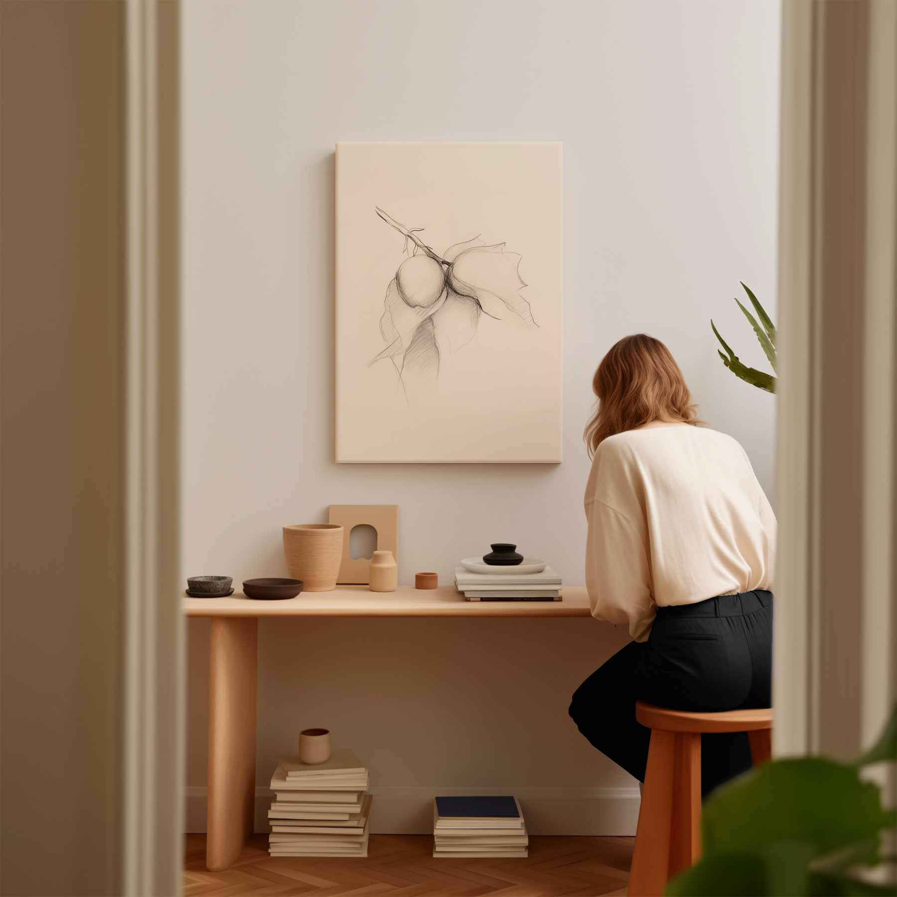 Potloodschets van Tak met Vruchten Kunstwerk-canvas-dibond-plexiglas-wanddecoratie-WallArtistic
