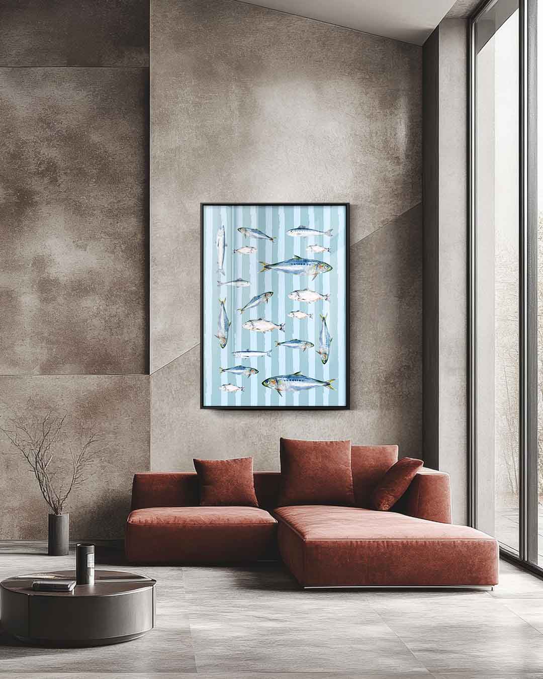 Speelse Visjes op Blauwe Strepen Kunstwerk-canvas-dibond-plexiglas-wanddecoratie-WallArtistic